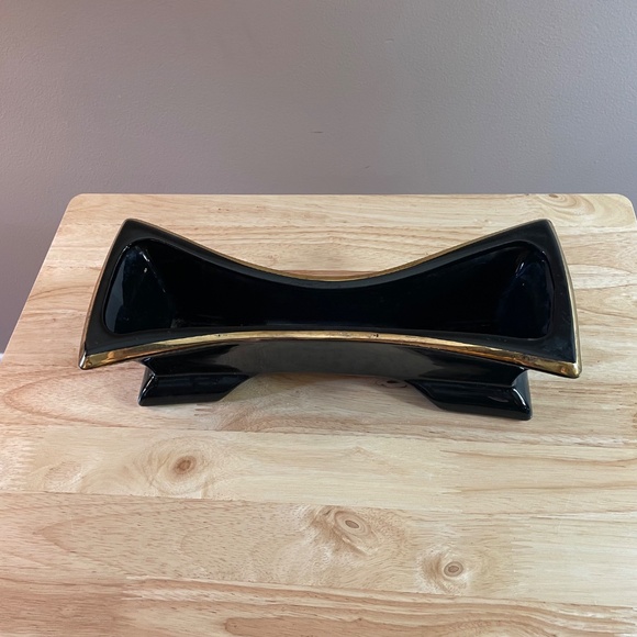 Vintage 50s Long Footed Planter Glossy Black Gold Trim Mid-Century Modern - Picture 6 of 10